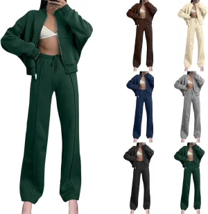 Two Piece Sets for Women Going Out Solid Zipper Sweatsuits Casual Straight Leg Pants Set 2 Piece Travel Outfits