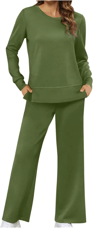 Two Piece Sets For Women Sweatsuit Fashion Solid Long Sleeve Side Split Sweatshirt Matching Pants Set Lounge Sets