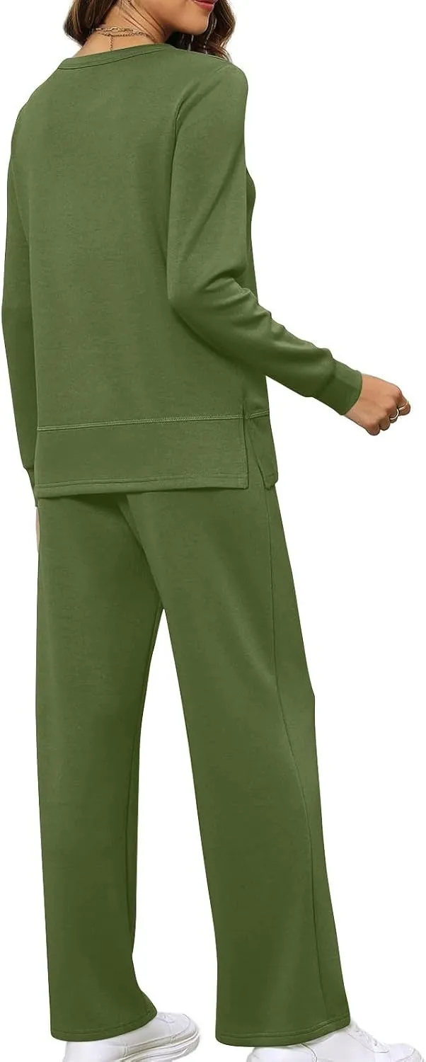 Two Piece Sets For Women Sweatsuit Fashion Solid Long Sleeve Side Split Sweatshirt Matching Pants Set Lounge Sets