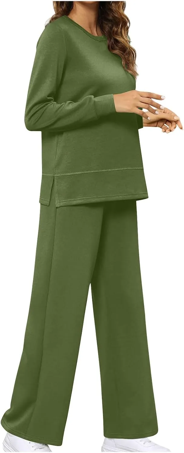 Two Piece Sets For Women Sweatsuit Fashion Solid Long Sleeve Side Split Sweatshirt Matching Pants Set Lounge Sets