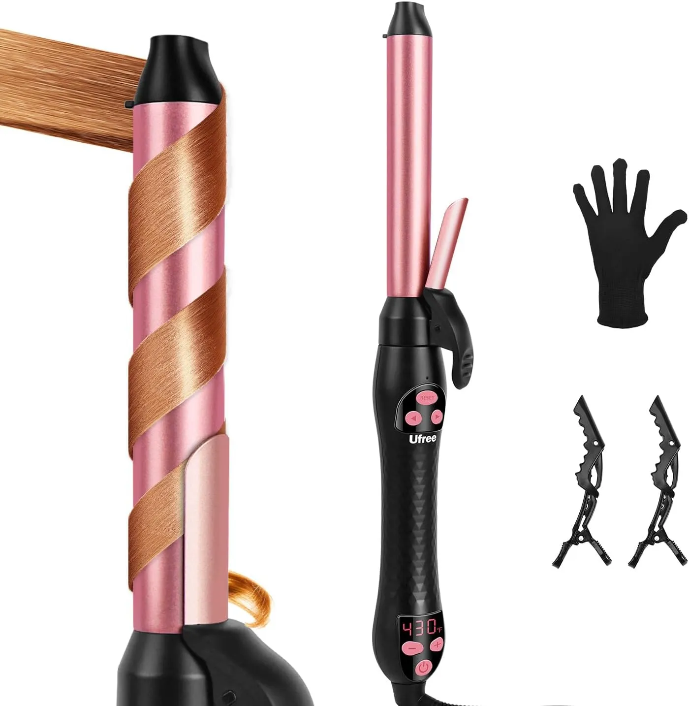 Ufree 1 Inch Automatic Rotating Curling Iron - Beach Waves Hair Curler with Ceramic Barrel, 250°F-430°F & Dual Voltage, Self Spinning Curling Wand for Medium to Long Hair, Rose Pink