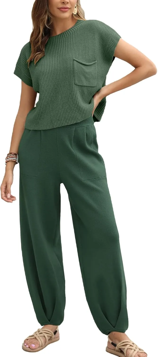 Ugerlov Women's Two Piece Outfits Sweater Sets Knit Pullover Tops and High Waisted Pants Lounge Sets