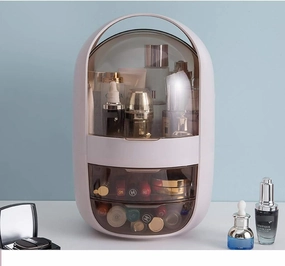 UPGENT Cosmetic Skincare Organisers Makeup Organizer Oval Transparent Cosmetic Storage Display Cabinet Large Capacity Can Hold Jewelry Makeup Brush Lipstick Etc It Can Be Portab