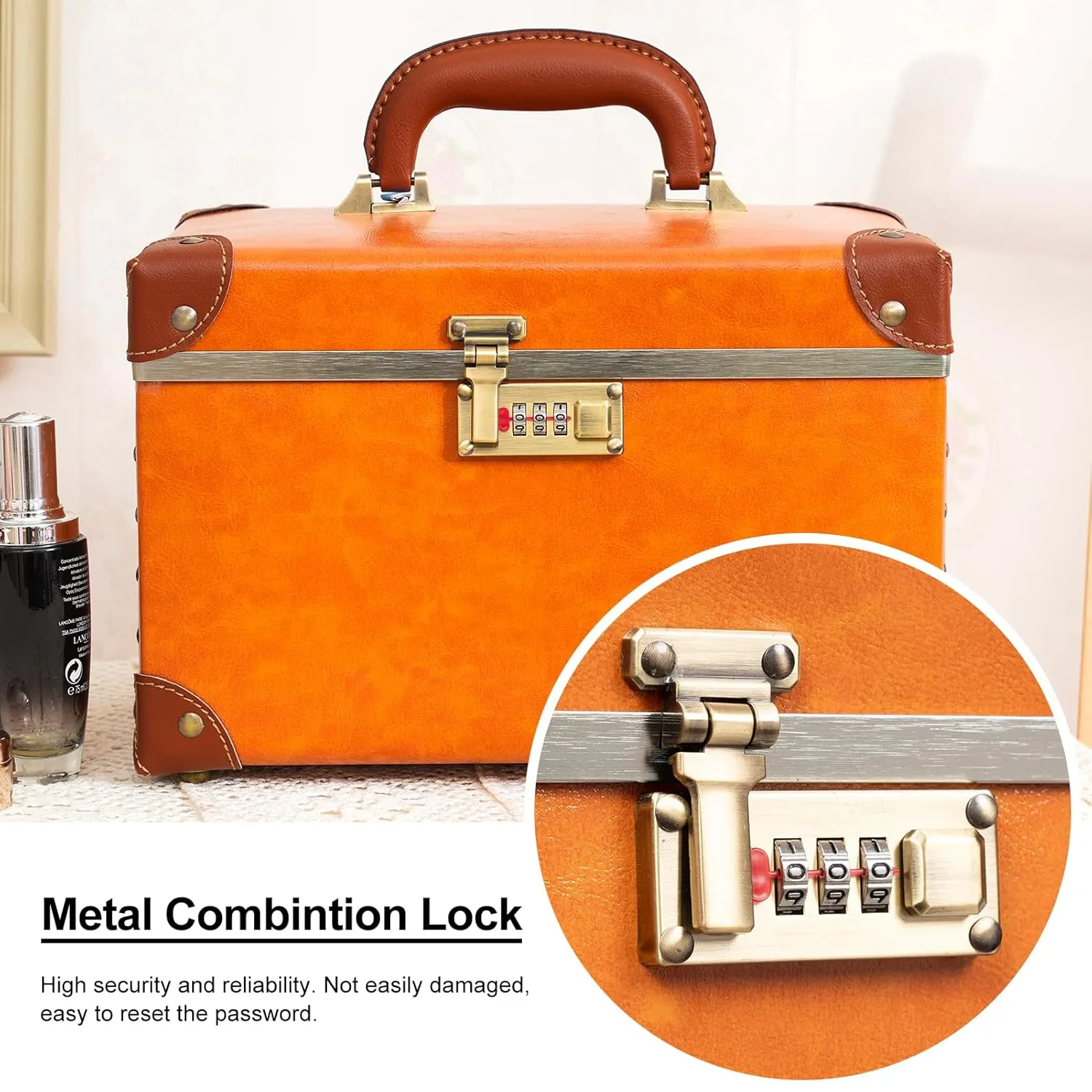 urecity Portable Retro Leather Makeup Train Case Cosmetic Organizer Case Leather Storage Box with Combination Lock (12.5", Retro Orange)