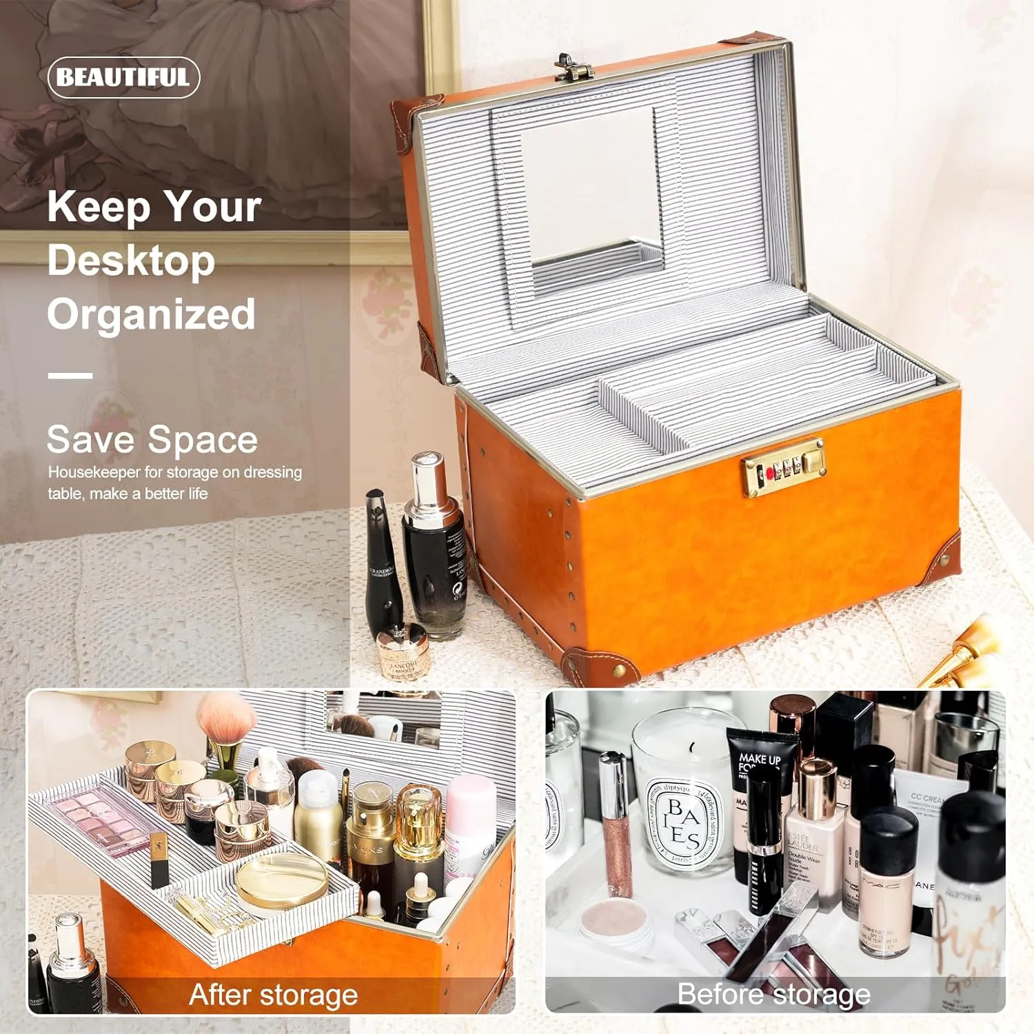 urecity Portable Retro Leather Makeup Train Case Cosmetic Organizer Case Leather Storage Box with Combination Lock (12.5", Retro Orange)