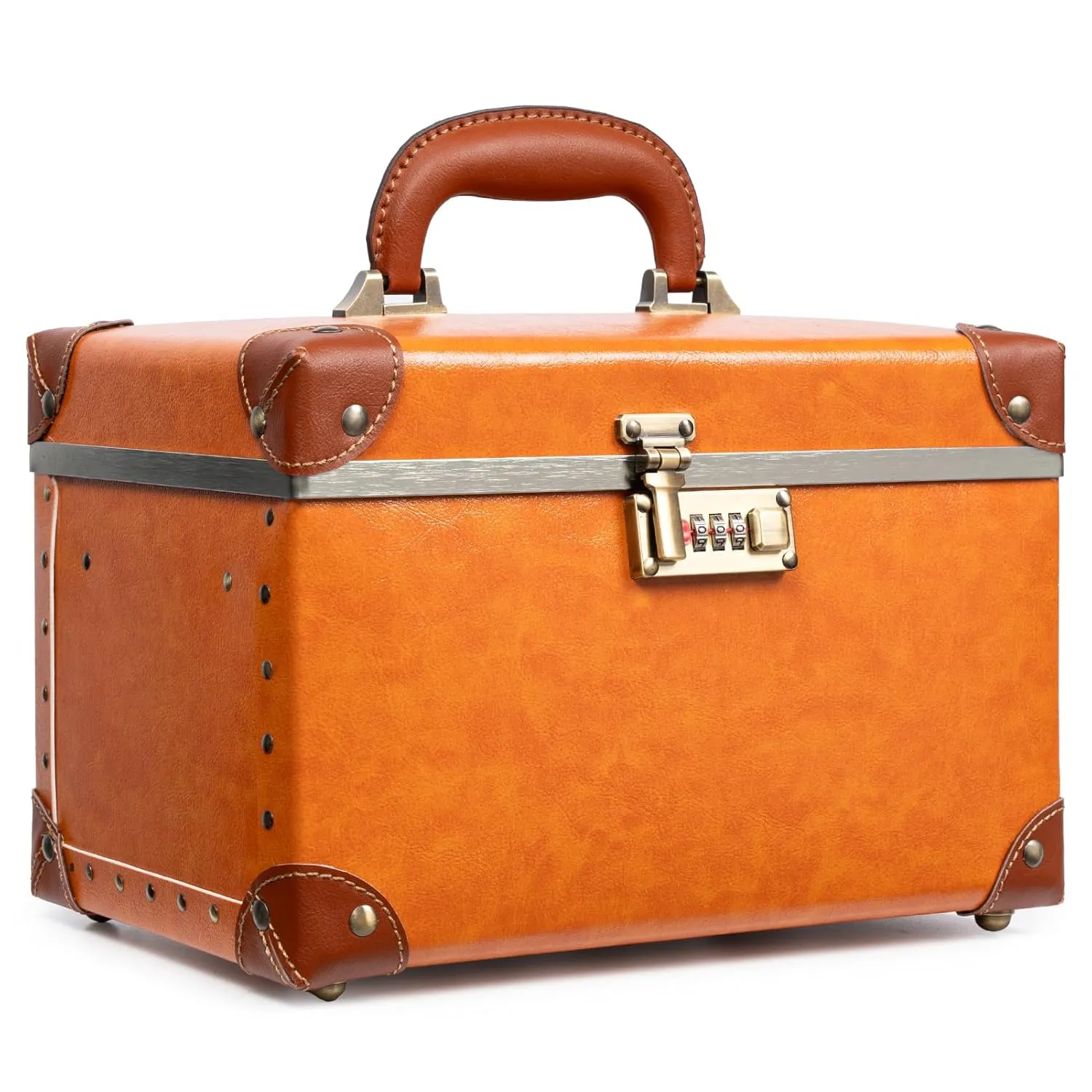 urecity Portable Retro Leather Makeup Train Case Cosmetic Organizer Case Leather Storage Box with Combination Lock (12.5", Retro Orange)