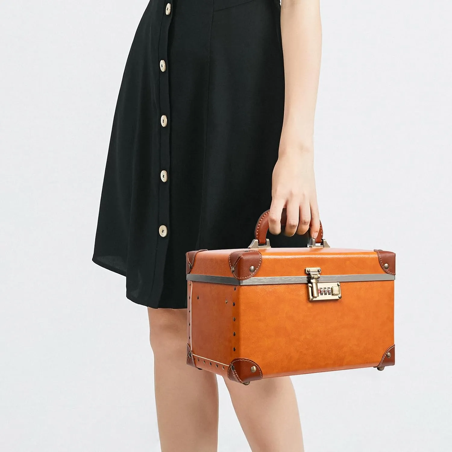 urecity Portable Retro Leather Makeup Train Case Cosmetic Organizer Case Leather Storage Box with Combination Lock (12.5", Retro Orange)