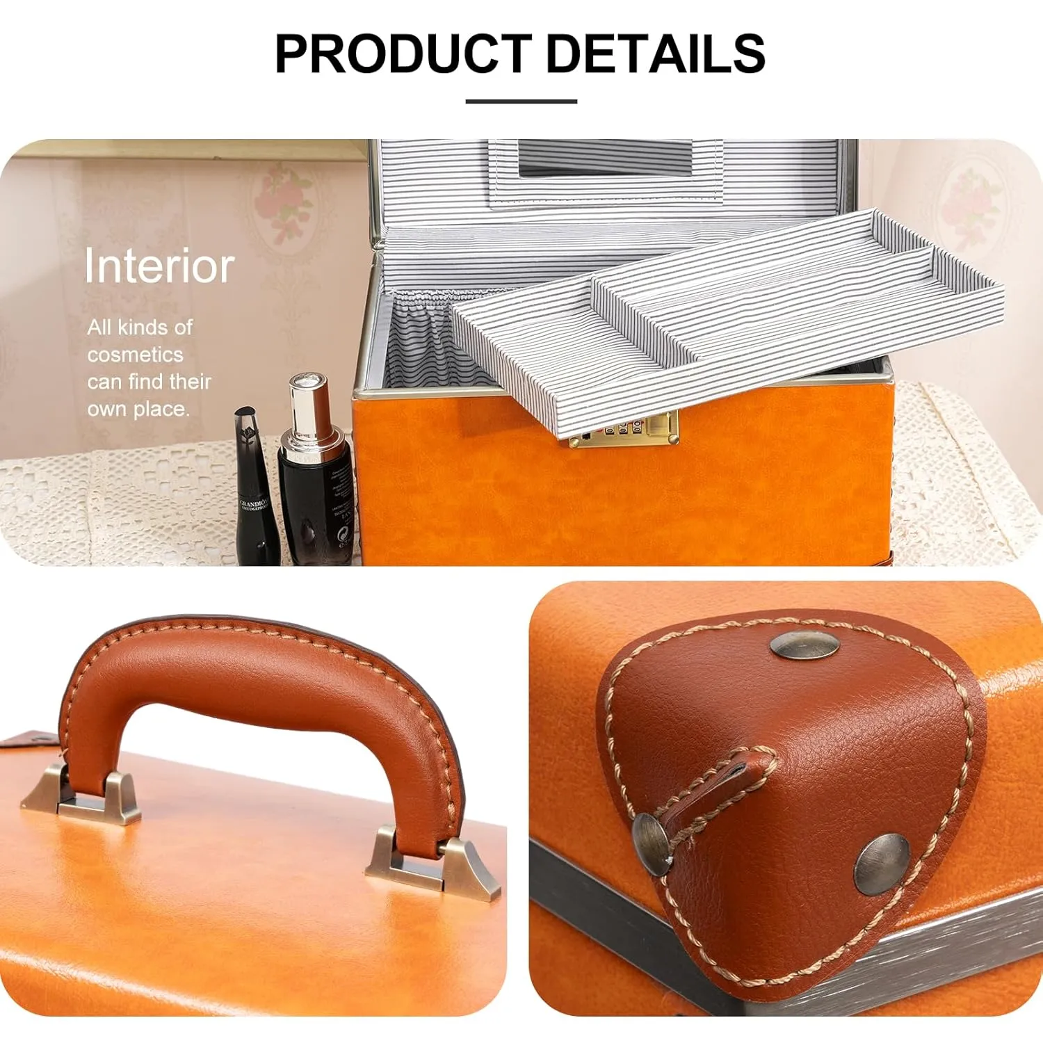 urecity Portable Retro Leather Makeup Train Case Cosmetic Organizer Case Leather Storage Box with Combination Lock (12.5", Retro Orange)