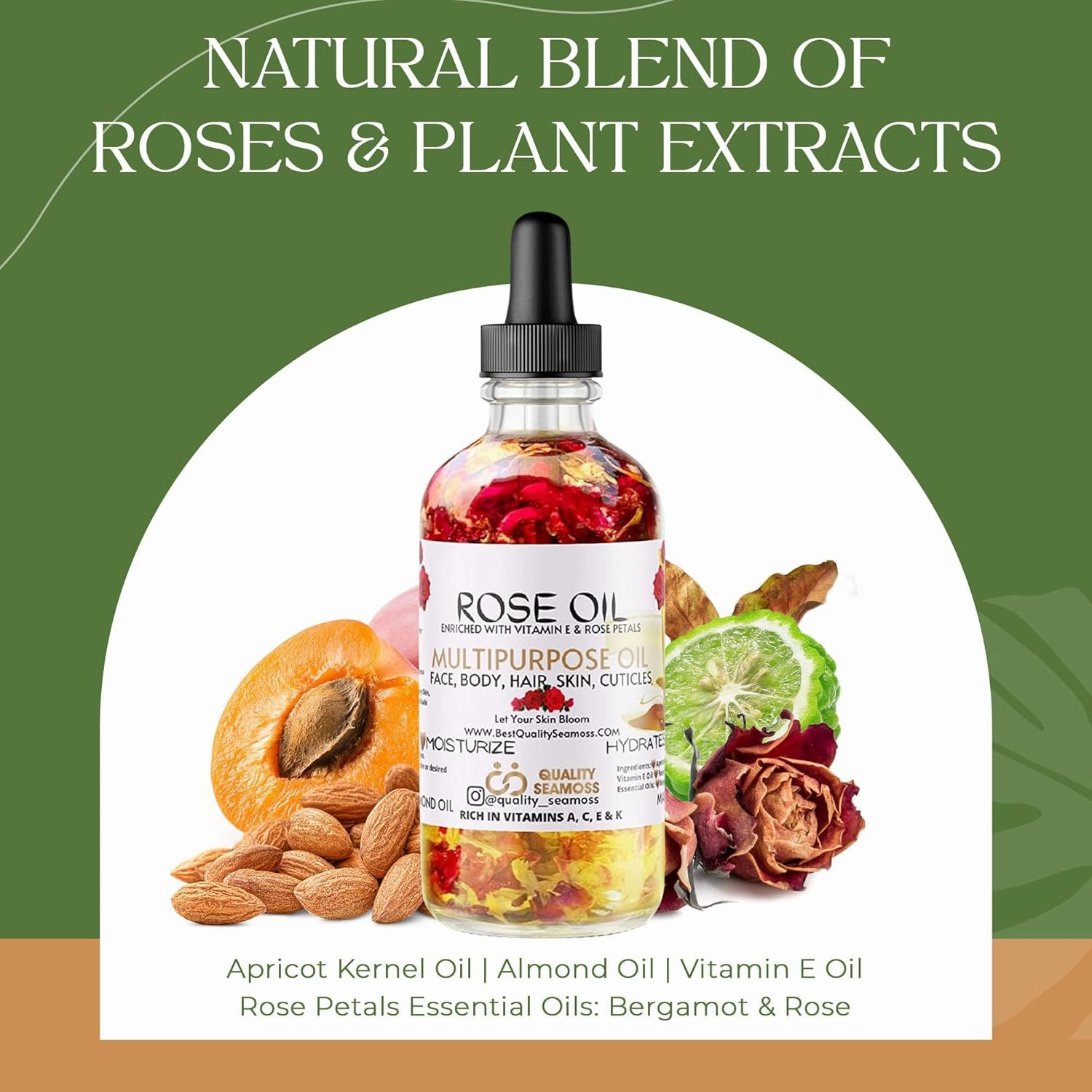 USA Made Multipurpose Rose Oil, Moisturizing Hair & Body Oil, Vitamin E Oil with Apricot, Sweet Almond, and Bergamot Essential Oils for Skin, Body & Face Oil for