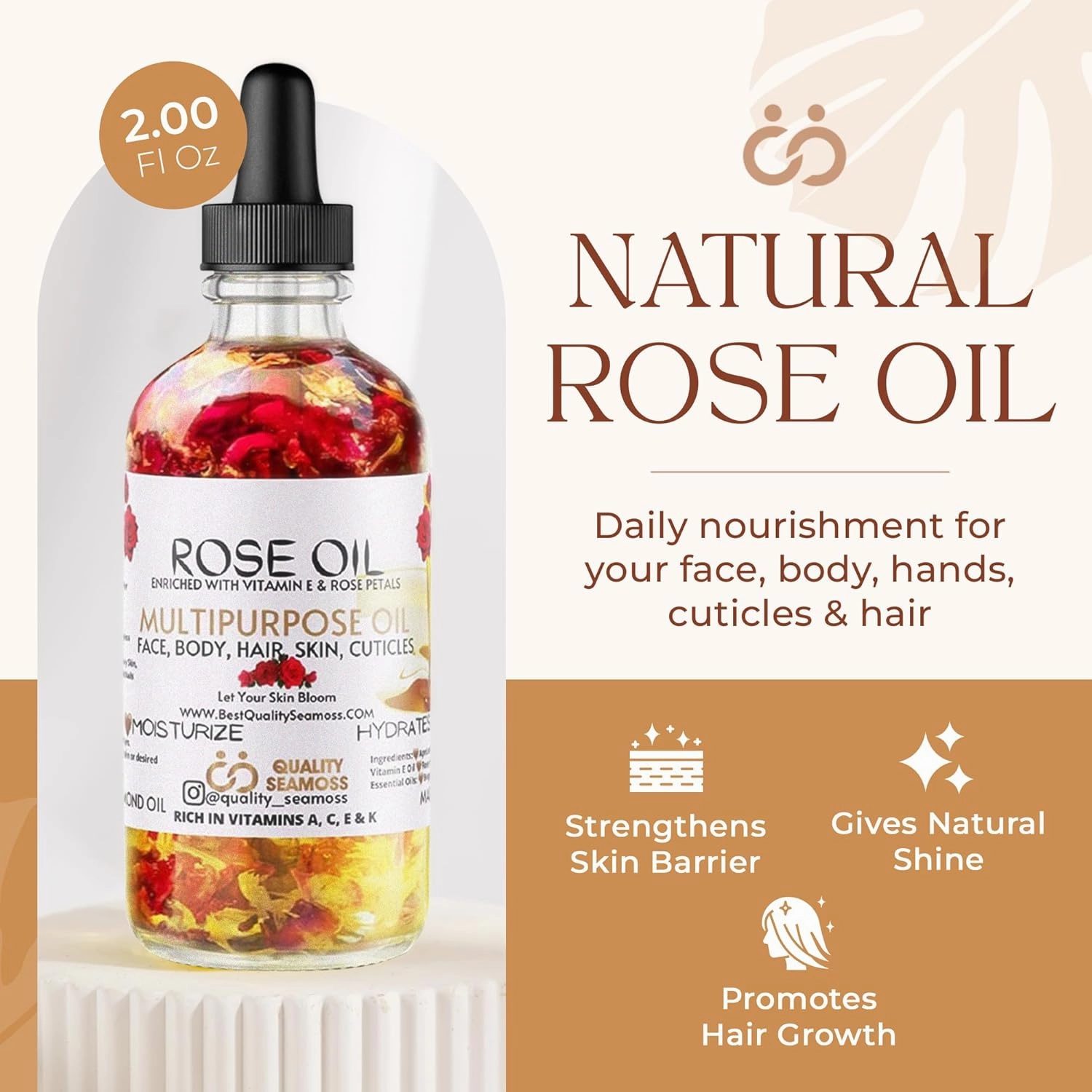 USA Made Multipurpose Rose Oil, Moisturizing Hair & Body Oil, Vitamin E Oil with Apricot, Sweet Almond, and Bergamot Essential Oils for Skin, Body & Face Oil for