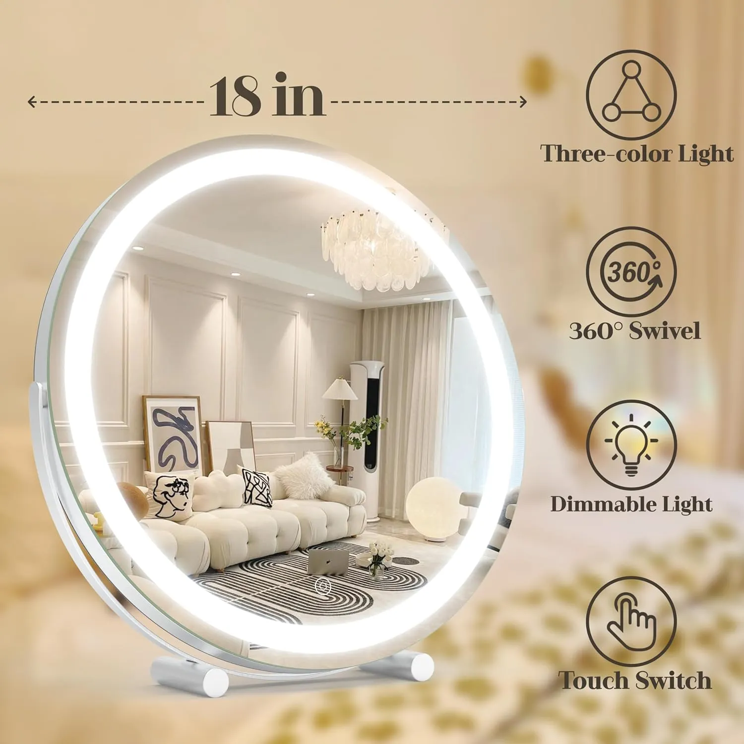 Vanity Mirror with Lights, 18 Inch Lighted Makeup Vanity, Smart Touch Control, 3-Color Dimmable Round Design, 360° Rotating Tabletop Mirror (White)
