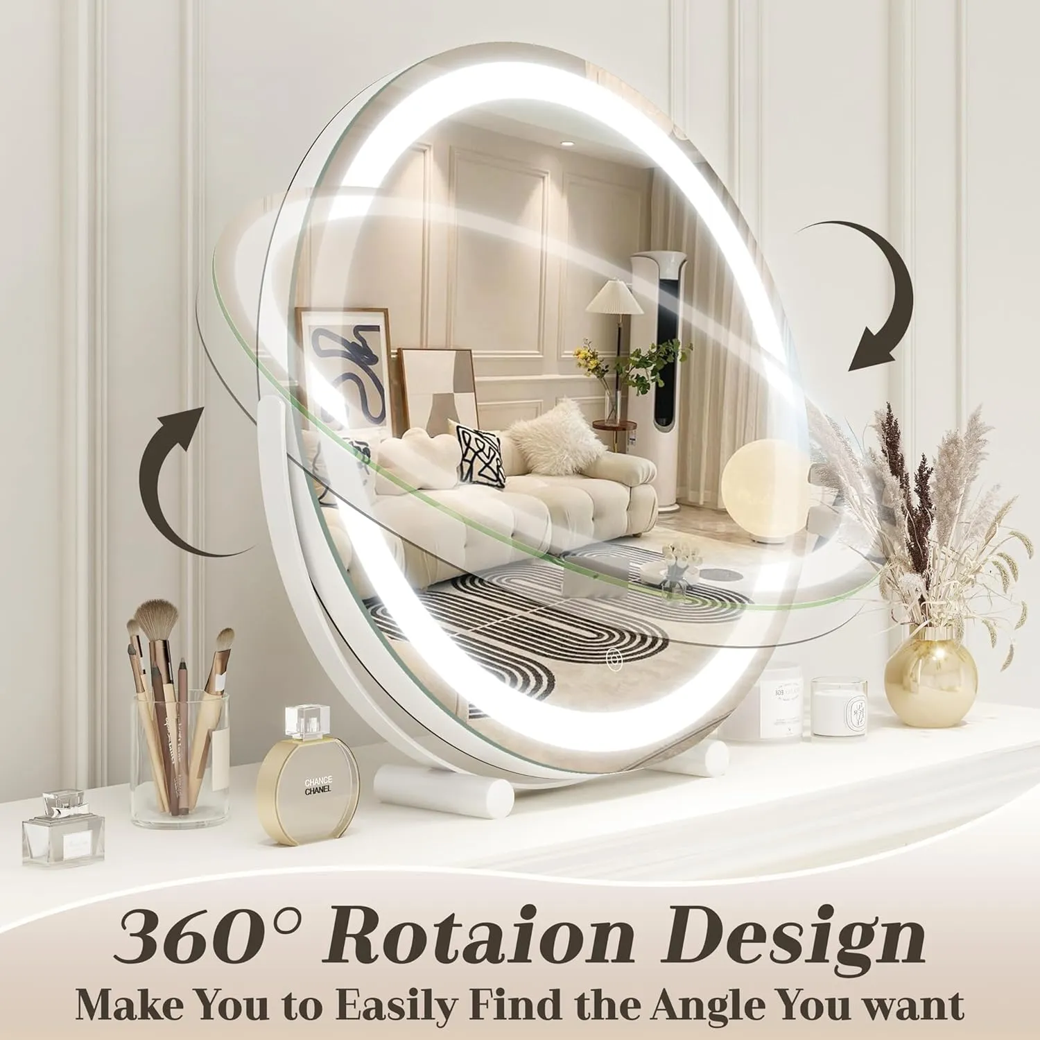 Vanity Mirror with Lights, 18 Inch Lighted Makeup Vanity, Smart Touch Control, 3-Color Dimmable Round Design, 360° Rotating Tabletop Mirror (White)