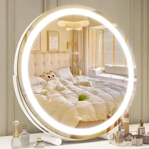 Vanity Mirror with Lights, 18 Inch Lighted Makeup Vanity, Smart Touch Control, 3-Color Dimmable Round Design, 360° Rotating Tabletop Mirror (White)