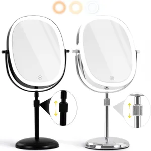 Vanity Mirror with Lights - Lighted Makeup Mirror with 1x/7x Magnification, 8" Oval Makeup Mirror Adjustable Height Double Sided Mirror with Lights, Black Chrome