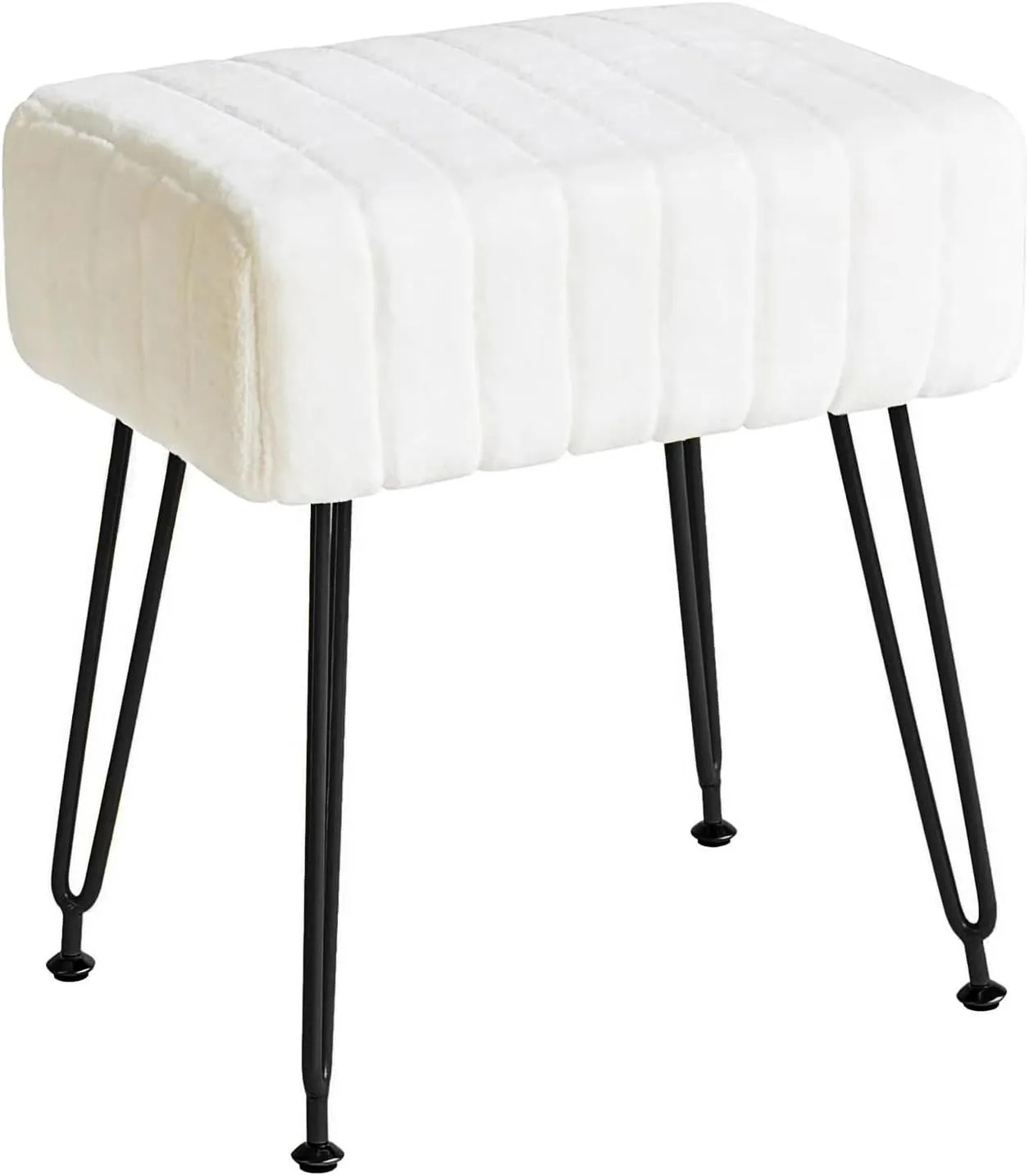 Vanity Stool Chair Faux Fur Vanity Seat Ottoman, Soft Furry Makeup Stool Compact Padded Seat, Modern Decorative Footrest with 4 Metal Legs, White/Black