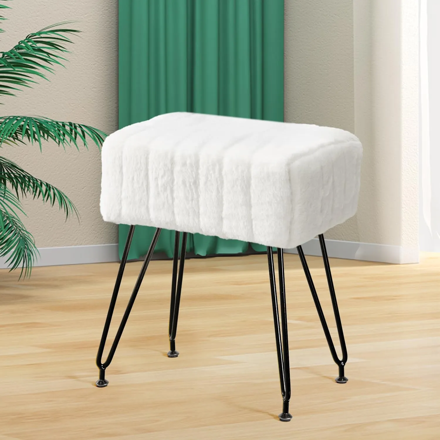 Vanity Stool Chair Faux Fur Vanity Seat Ottoman, Soft Furry Makeup Stool Compact Padded Seat, Modern Decorative Footrest with 4 Metal Legs, White/Black