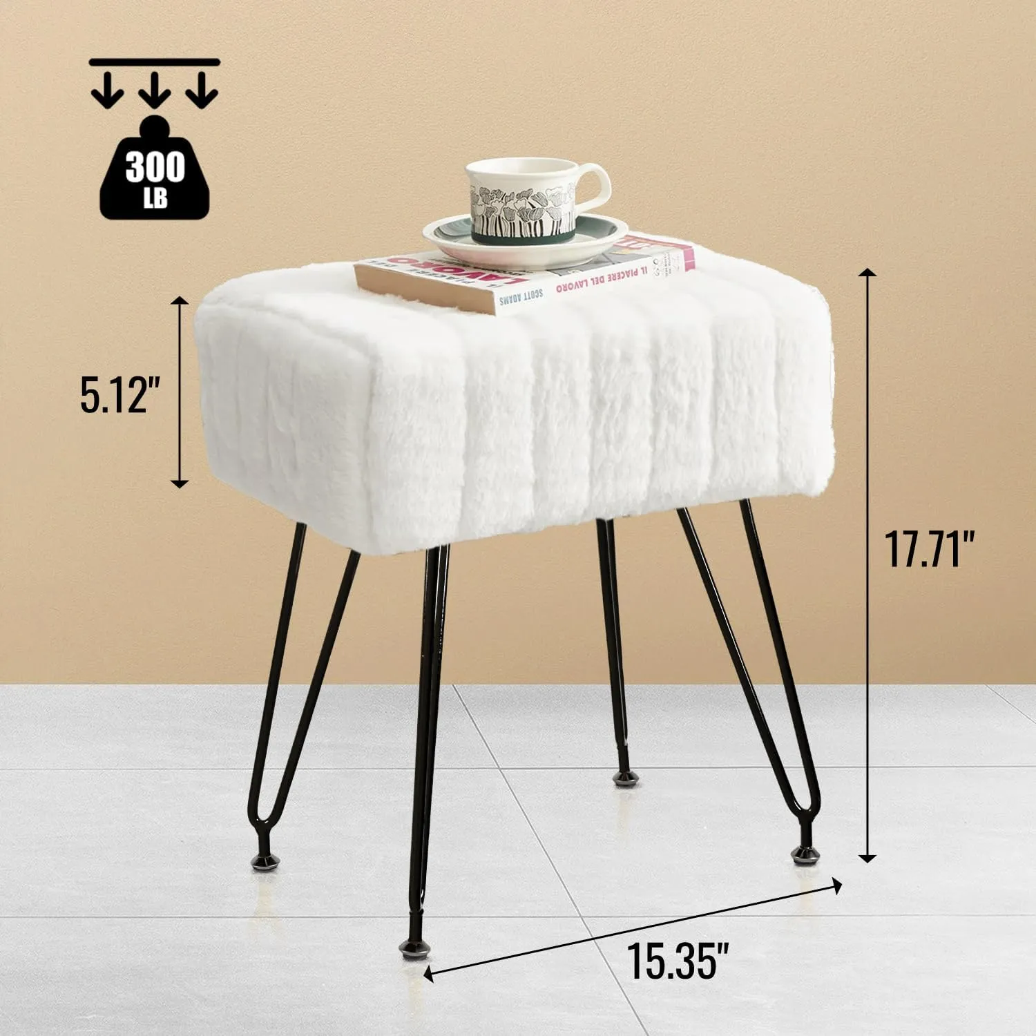 Vanity Stool Chair Faux Fur Vanity Seat Ottoman, Soft Furry Makeup Stool Compact Padded Seat, Modern Decorative Footrest with 4 Metal Legs, White/Black