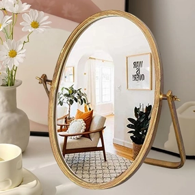 Vanity Desk Table Mirror Decor-Oval Makeup Mirror 360° Adjustable Rotation,Golden Metal Framed Standing Mirrors,Boho Room Decor for Living Room,Bedroom,Tabletop,Antique 11.8'' x 7.8''