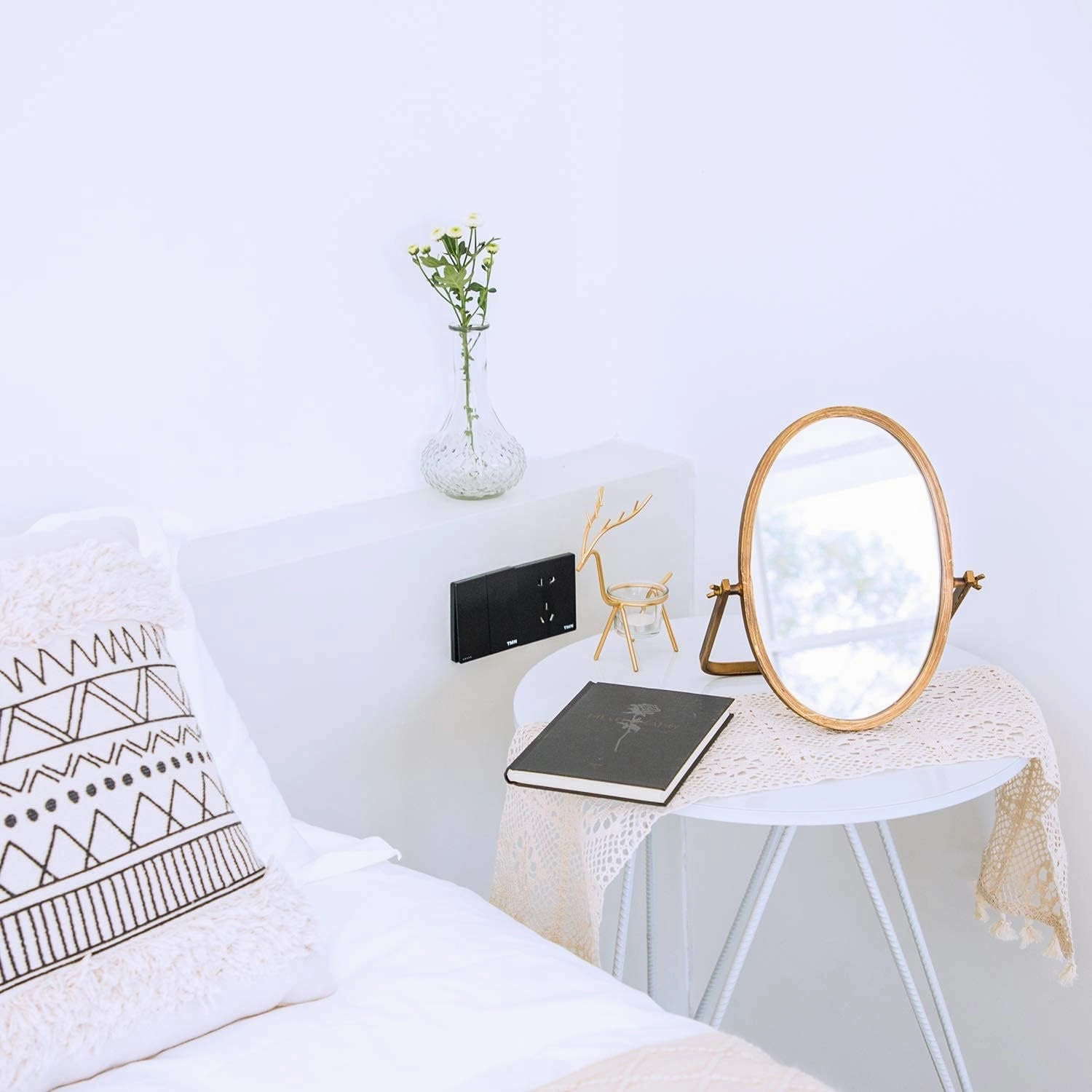Vanity Desk Table Mirror Decor-Oval Makeup Mirror 360° Adjustable Rotation,Golden Metal Framed Standing Mirrors,Boho Room Decor for Living Room,Bedroom,Tabletop,Antique 11.8'' x 7.8''