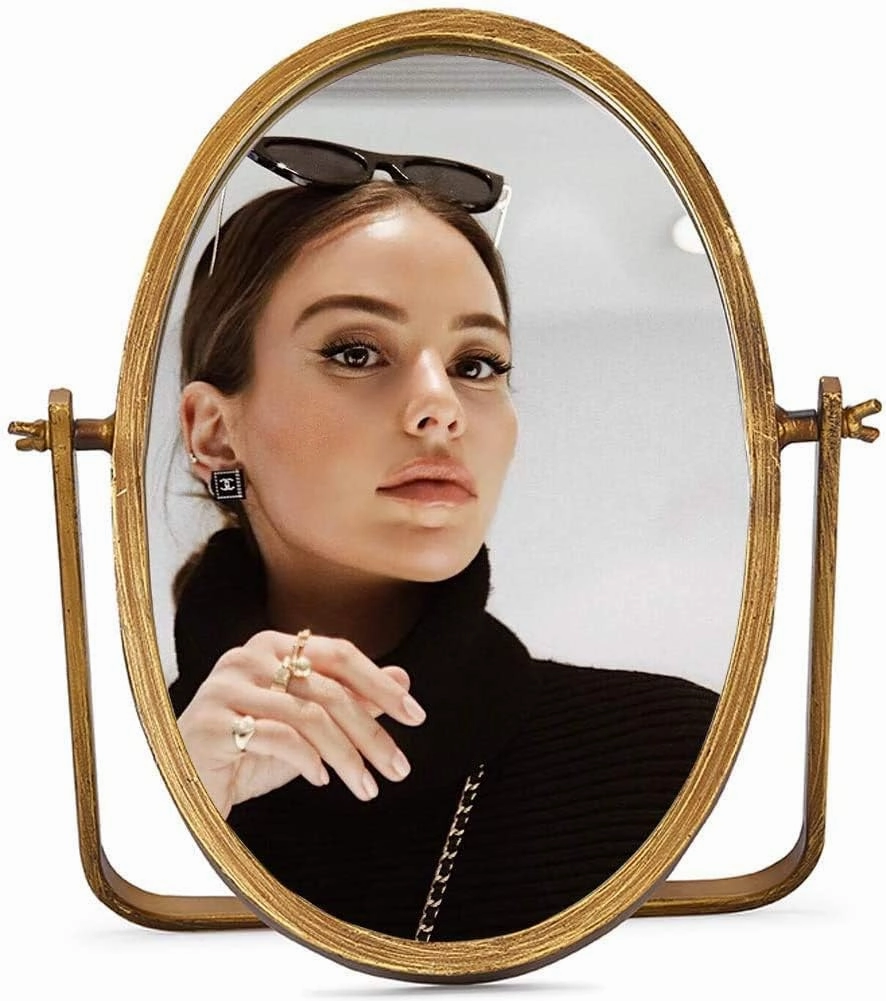 Vanity Desk Table Mirror Decor-Oval Makeup Mirror 360° Adjustable Rotation,Golden Metal Framed Standing Mirrors,Boho Room Decor for Living Room,Bedroom,Tabletop,Antique 11.8'' x 7.8''