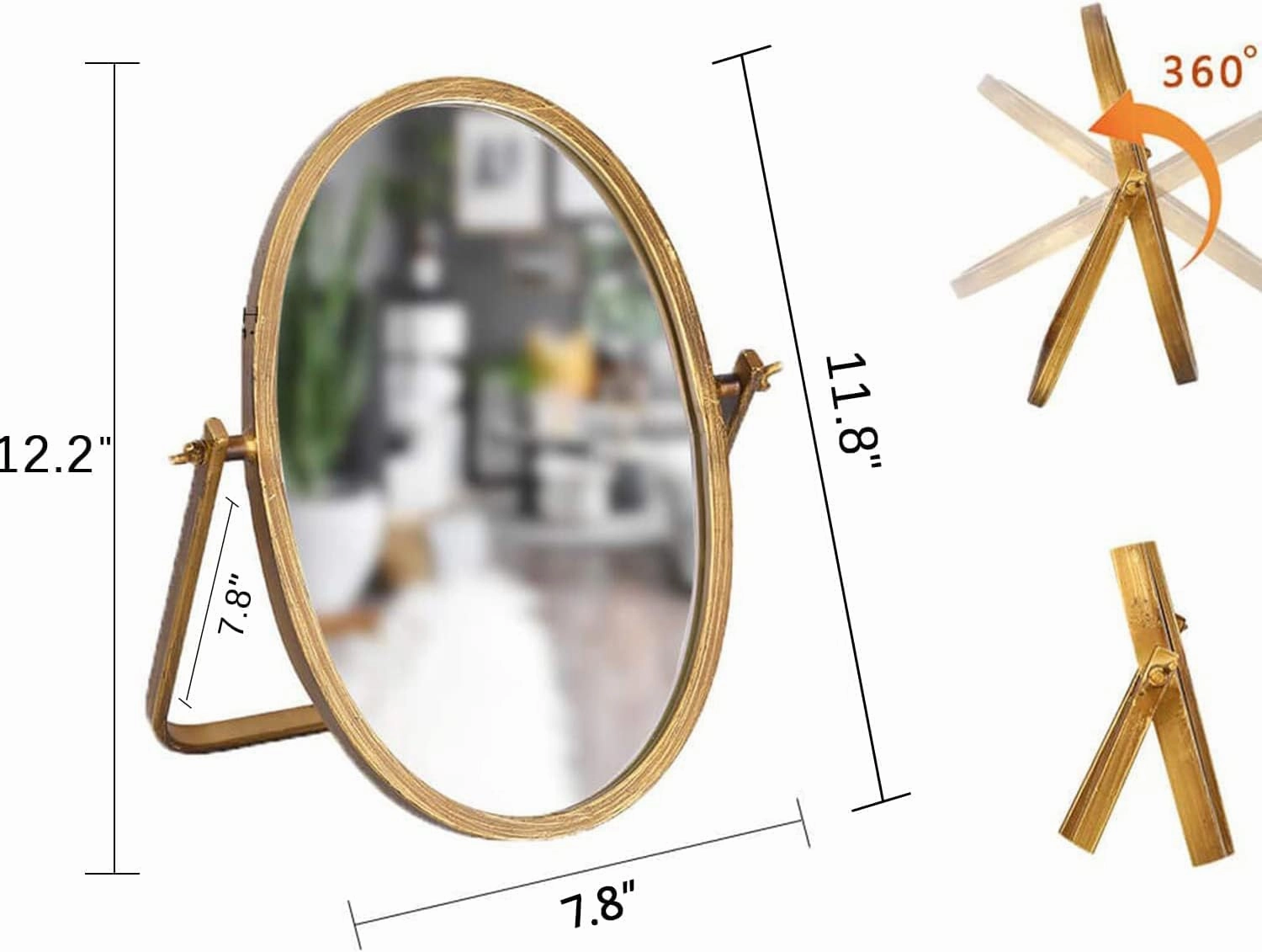 Vanity Desk Table Mirror Decor-Oval Makeup Mirror 360° Adjustable Rotation,Golden Metal Framed Standing Mirrors,Boho Room Decor for Living Room,Bedroom,Tabletop,Antique 11.8'' x 7.8''