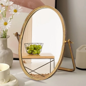 Vanity Desk Table Mirror Decor-Oval Makeup Mirror 360° Adjustable Rotation,Golden Metal Framed Standing Mirrors,Boho Room Decor for Living Room,Bedroom,Tabletop,Antique 11.8'' x 7.8''