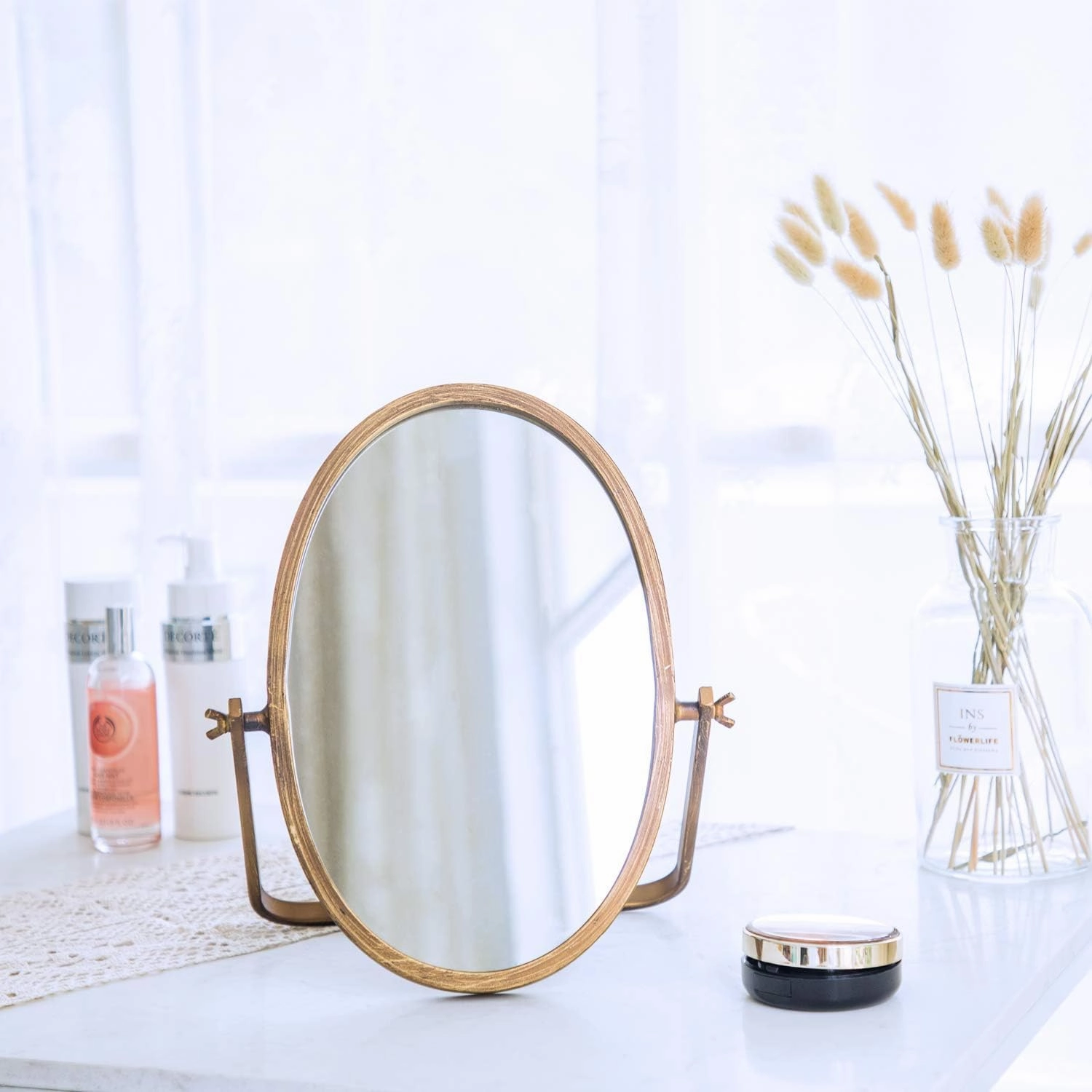 Vanity Desk Table Mirror Decor-Oval Makeup Mirror 360° Adjustable Rotation,Golden Metal Framed Standing Mirrors,Boho Room Decor for Living Room,Bedroom,Tabletop,Antique 11.8'' x 7.8''