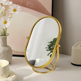 Vanity Desk Table Oval Makeup Mirror 360 Degree Adjustable Rotation Golden Metal Framed Standing Mirrors, 9.5X7 Inch, Home Decoration for Living Room, Bedroom, Tabletop, Bathroom (Golden)
