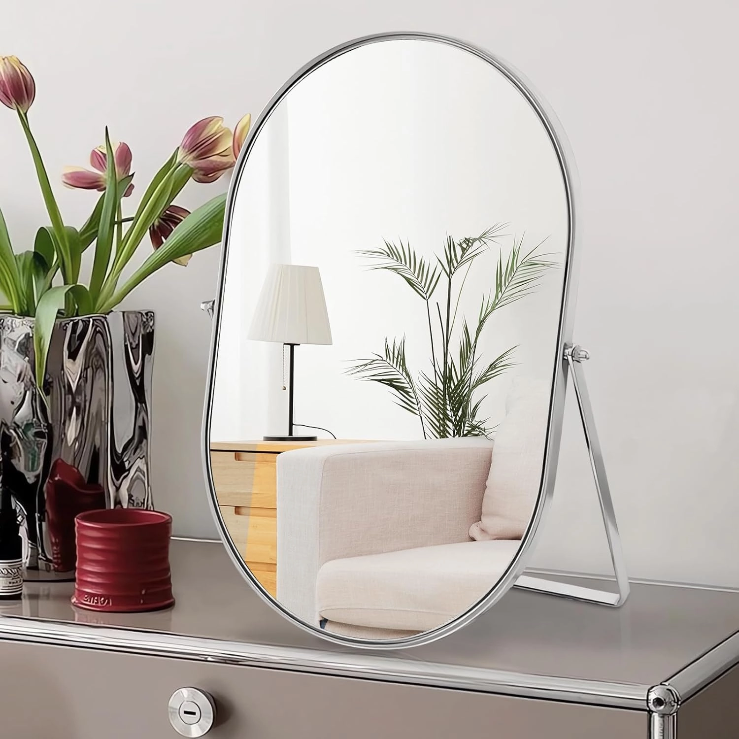 Vanity Makeup Mirror for Desk with Metal Stand Tabletop Mount Makeup Oval Mirrors 90°Adjustable Rotation Portable Cosmetic Mirror for Travel Bedroom,Office, Dresser,Countertop