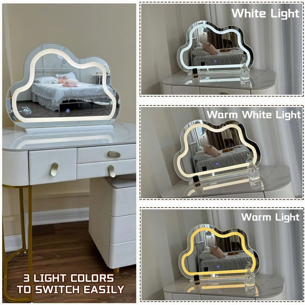 Vanity Mirror with Light, Led Illuminated Table Mirror, Decorative Mirror for Bedroom, 3 Colours of Light, with Metal Framed(White)