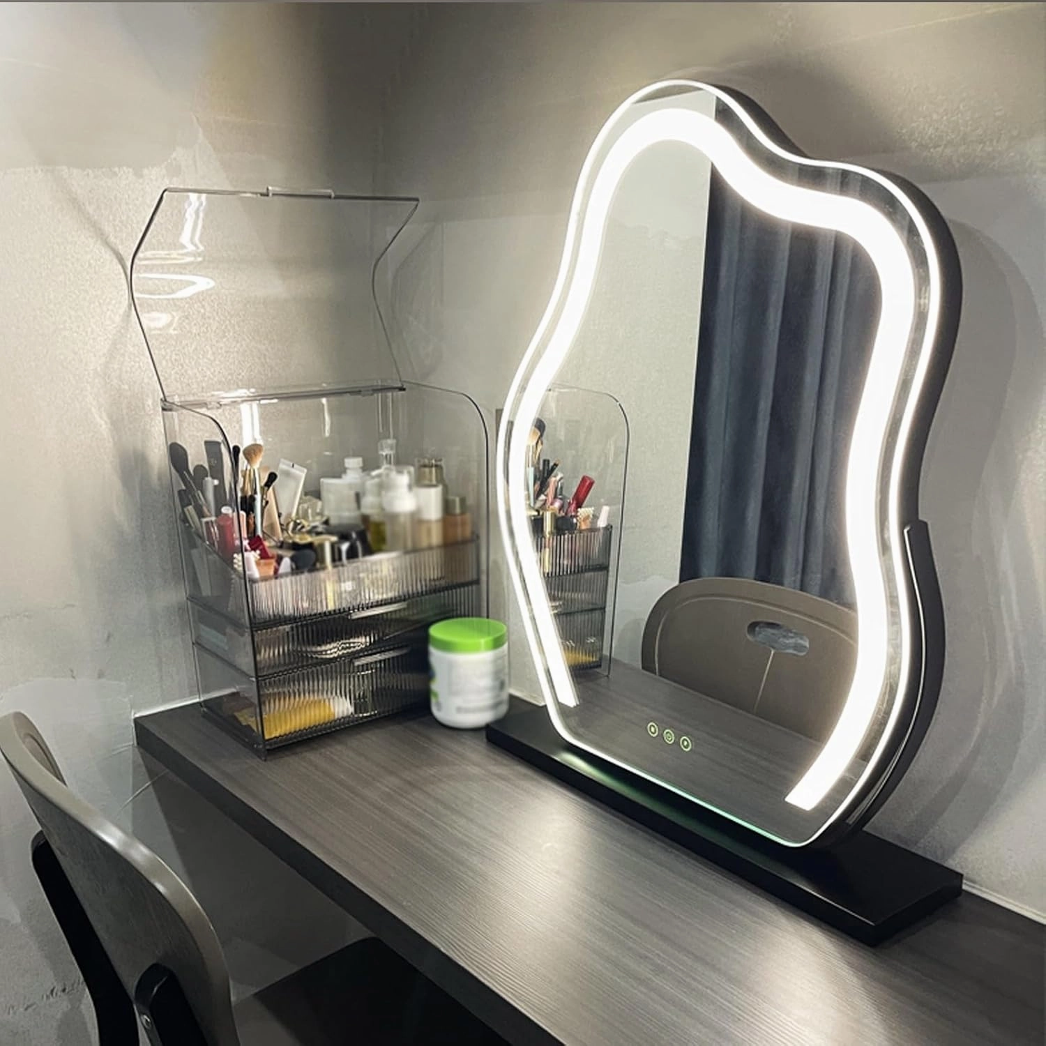 Vanity Mirror with Lights, LED Makeup Mirror, Lighted Makeup Mirror with Lights, Smart Touch Control Dimmable 3 Modes Light 360°Rotation White Dressing Table Makeup Mirror(Black,30x43cm)