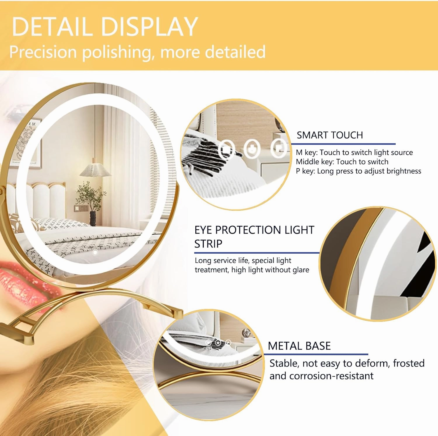 Vanity Mirror with Lights, Round LED Makeup Mirror, Adjustable Brightness, 3 Color Lighting Sets, Touch Control, for Dressing Room, 360 Degree Rotation with Smart Touch Control, Easy to Assemble,12IN