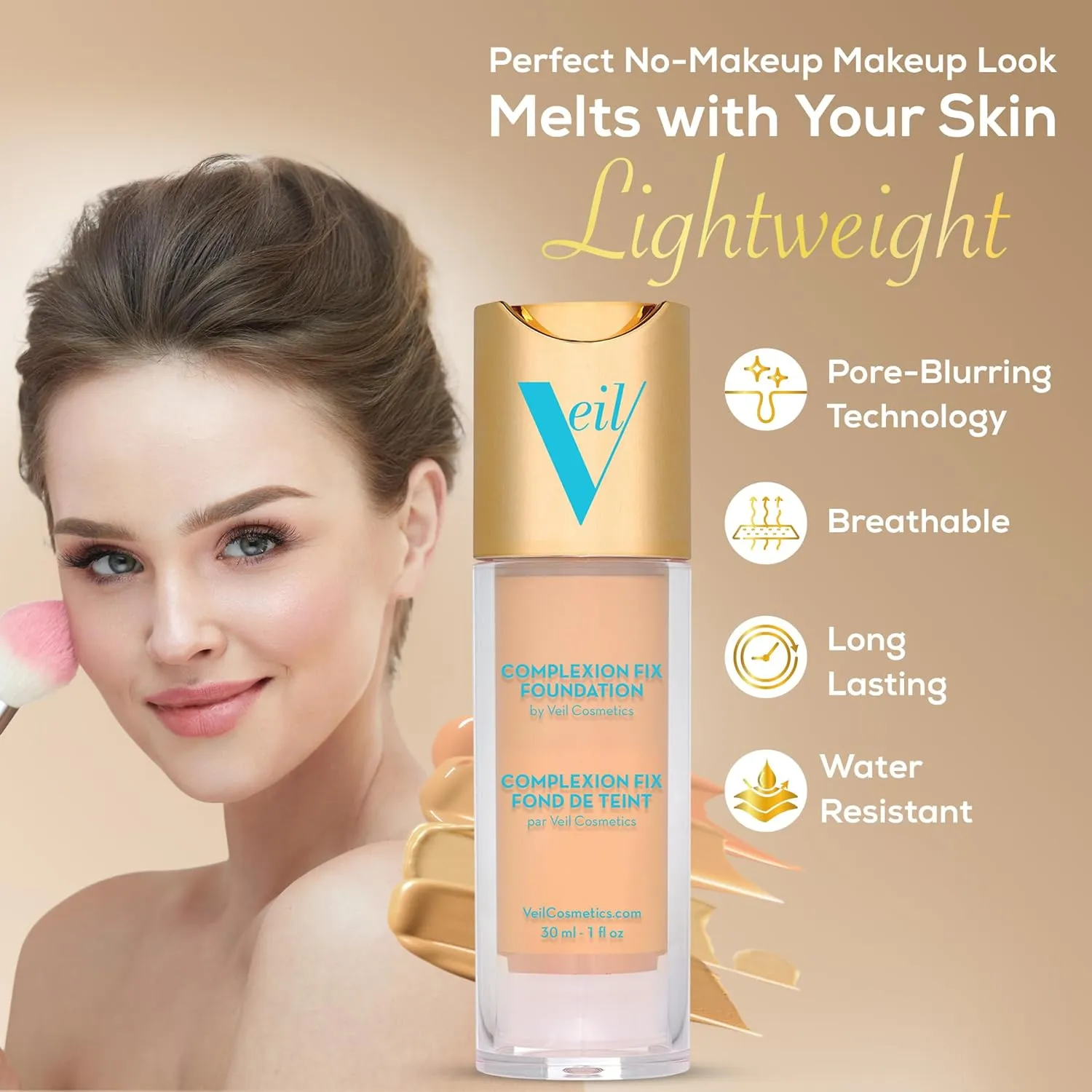 Veil Cosmetics Complexion Fix Liquid Foundation – Buildable Coverage – Water-Resistant, Hypoallergenic, Oil-Free, Cruelty-Free & Vegan – Lightweight & Brightening – Long Lasting (3N Medium Neutral)