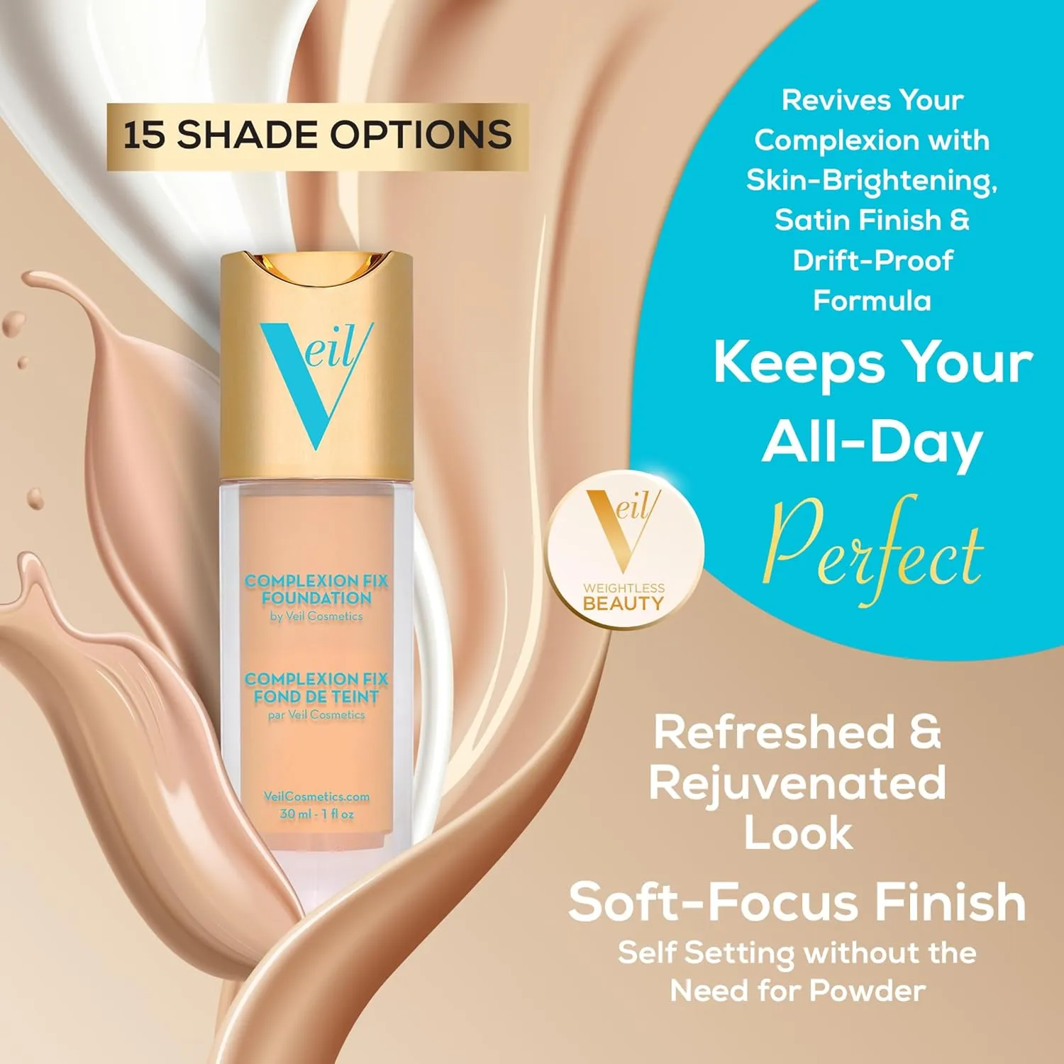 Veil Cosmetics Complexion Fix Liquid Foundation – Buildable Coverage – Water-Resistant, Hypoallergenic, Oil-Free, Cruelty-Free & Vegan – Lightweight & Brightening – Long Lasting (3N Medium Neutral)