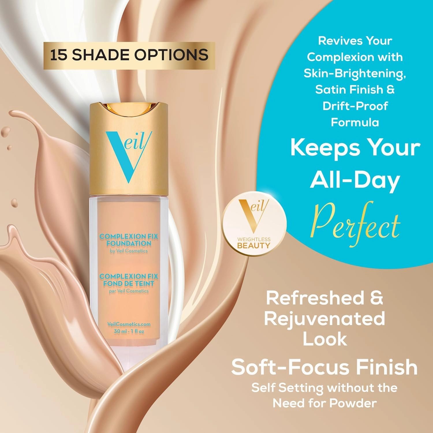 Veil Cosmetics Complexion Fix Liquid Foundation – Buildable Coverage – Water-Resistant, Hypoallergenic, Oil-Free, Cruelty-Free & Vegan – Lightweight & Brightening – All Skin Types (5N Deep Neutral)