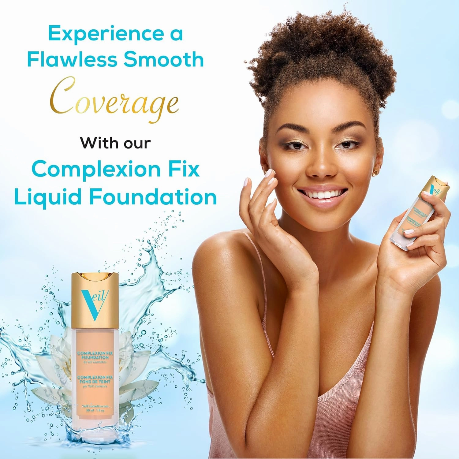 Veil Cosmetics Complexion Fix Liquid Foundation – Buildable Coverage – Water-Resistant, Hypoallergenic, Oil-Free, Cruelty-Free & Vegan – Lightweight & Brightening – All Skin Types (5N Deep Neutral)