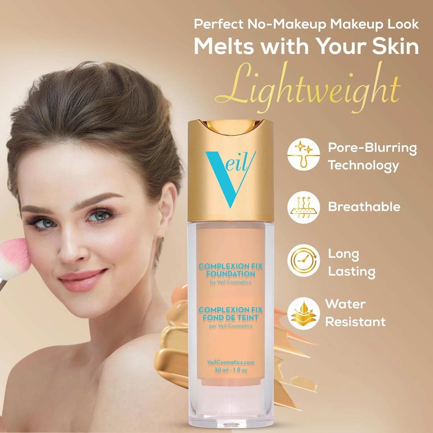 Veil Cosmetics Complexion Fix Liquid Foundation – Buildable Coverage – Water-Resistant, Hypoallergenic, Oil-Free, Cruelty-Free & Vegan – Lightweight & Brightening – All Skin Types (5N Deep Neutral)