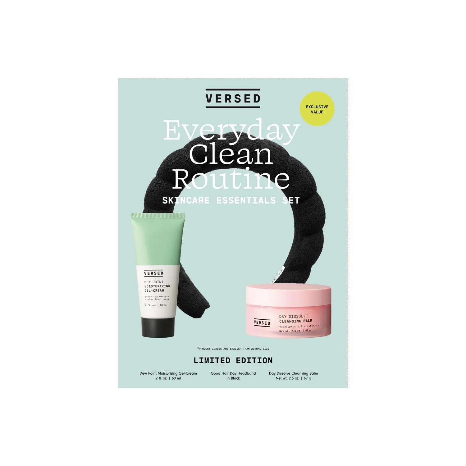 Versed Everyday Clean Routine Travel Essentials 3-Piece Skincare Set - Dew Point Gel Cream (2 fl oz), Good Hair Day Black Headband & Day Dissolve Cleansing Balm (2.3 oz) - Non-Toxic   Vegan