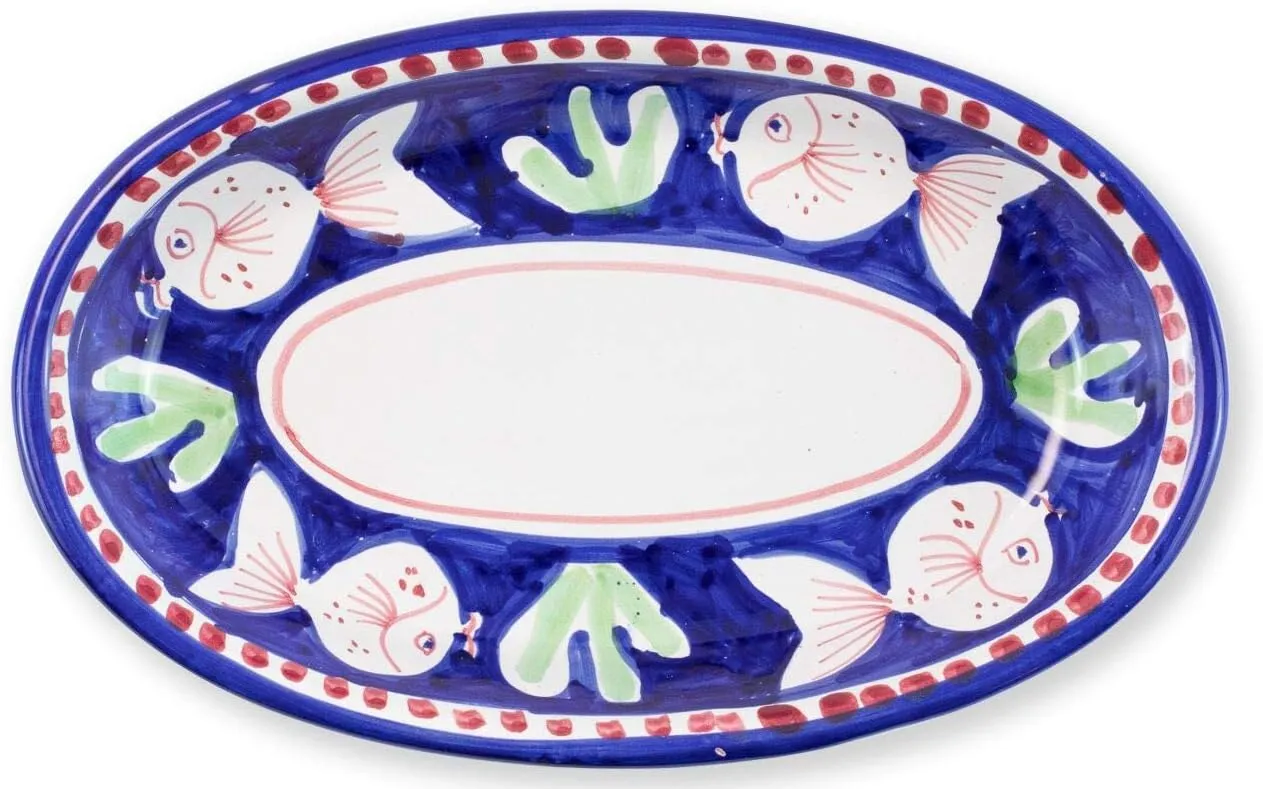 Vietri Campagna Pesce Blue Small Oval Tray, Terra Cotta, Decorative Serving Platter, 10" L, 6.5" W, Microwave Safe
