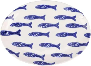Vietri Santorini Blue Fish Small Oval Platter - 13.75" x 1" Ceramic Food Tray - Italian Serving Dish