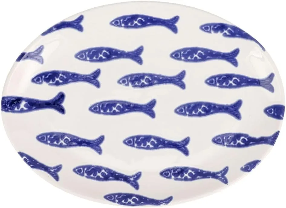 Vietri Santorini Blue Fish Small Oval Platter - 13.75" x 1" Ceramic Food Tray - Italian Serving Dish