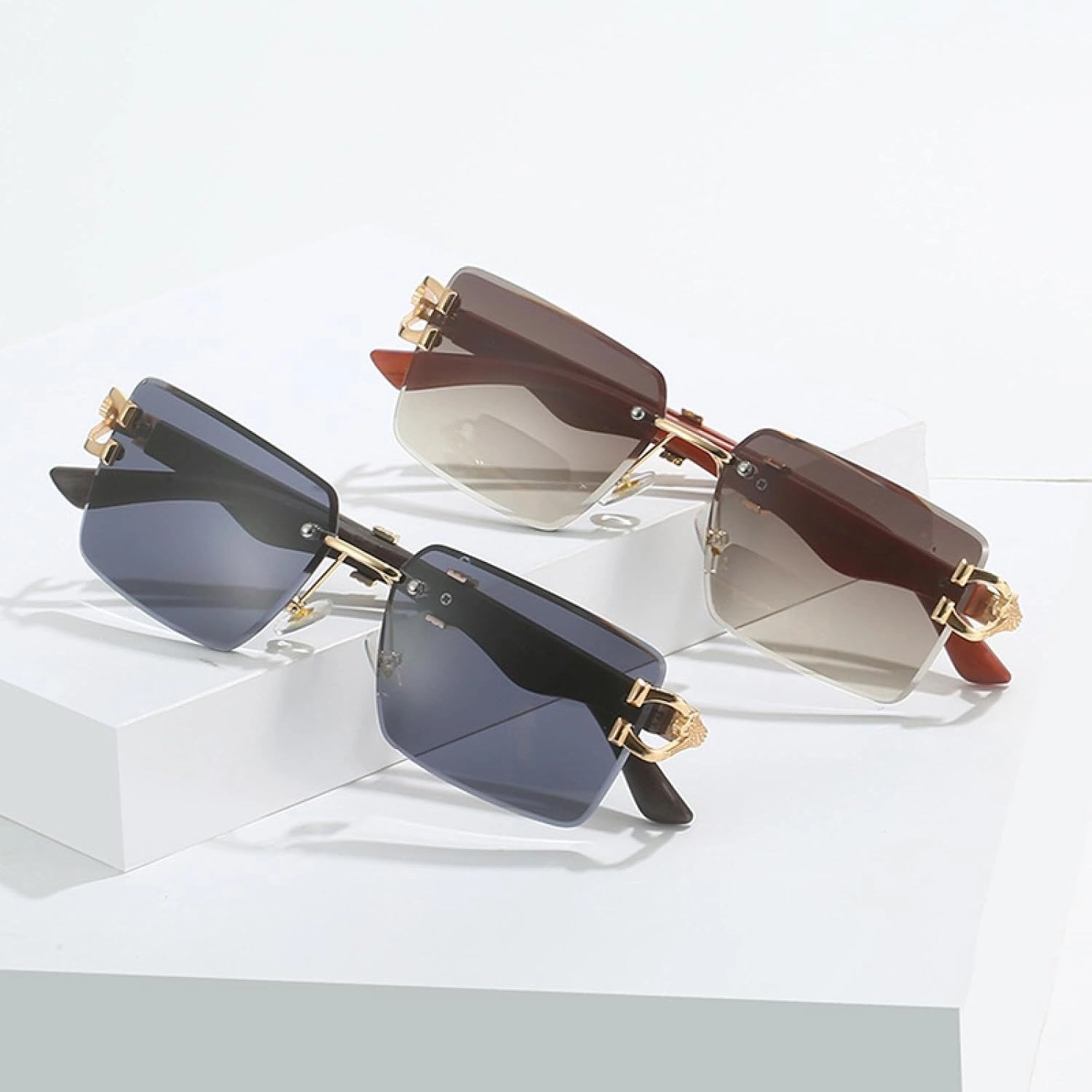 Vintage Rimless Sunglasses Women for Men Sun Glasses Luxury Fashion Trendy Punk Metal Leopard Shades
