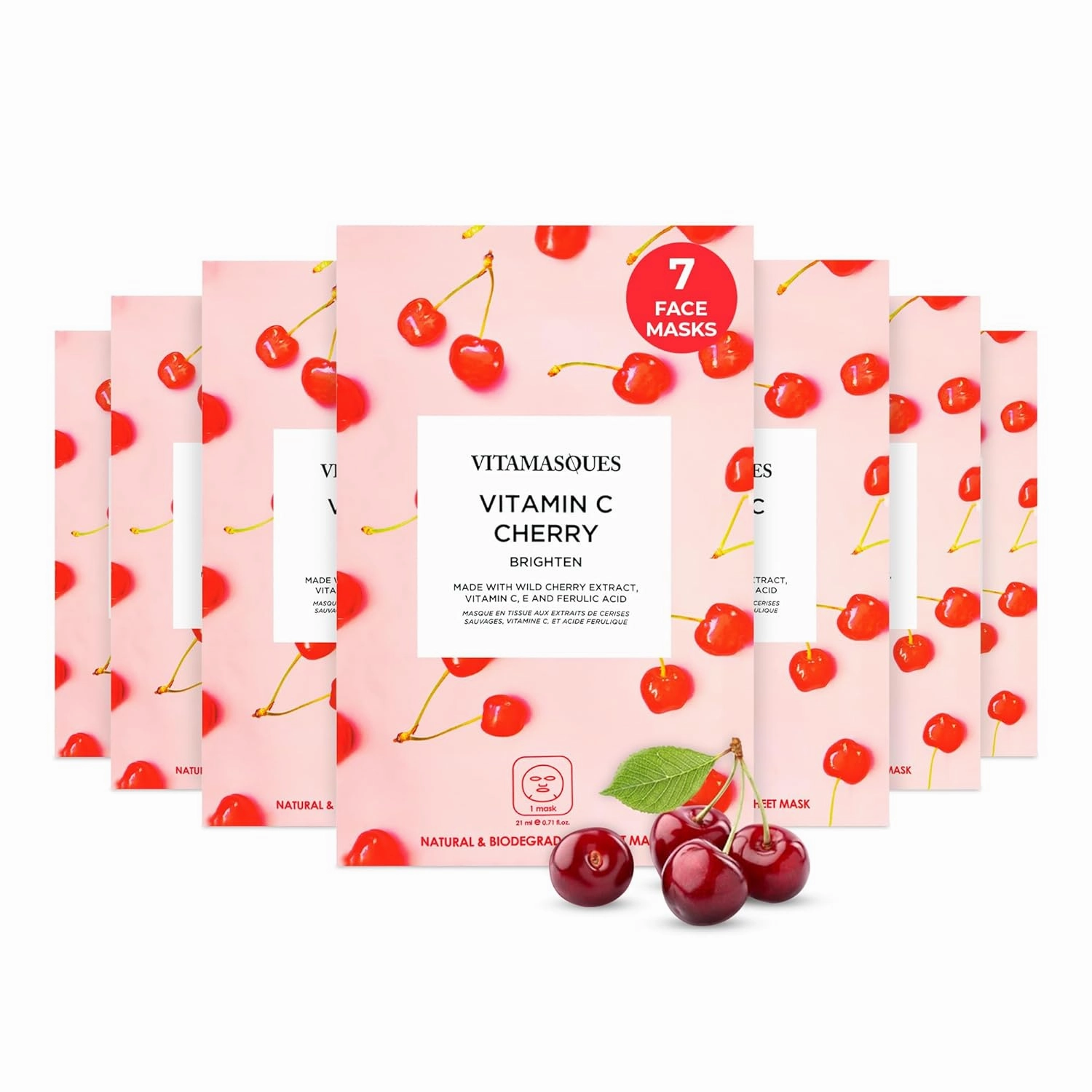Vitamasques Vitamin C Cherry Face Sheet Mask 7 Pack - Brightens, Protects & Boosts Hydration with Antioxidants, Vitamin C and Ferulic Acid - Natural - Vegan - Korean Skin Care