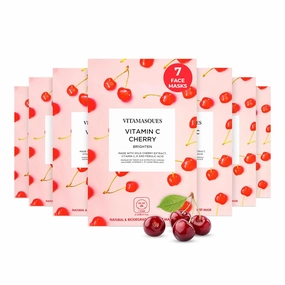Vitamasques Vitamin C Cherry Face Sheet Mask 7 Pack - Brightens, Protects & Boosts Hydration with Antioxidants, Vitamin C and Ferulic Acid - Natural - Vegan - Korean Skin Care