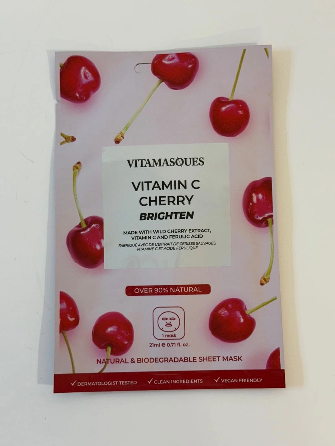 Vitamasques Vitamin C Cherry Face Sheet Mask 7 Pack - Brightens, Protects & Boosts Hydration with Antioxidants, Vitamin C and Ferulic Acid - Natural - Vegan - Korean Skin Care