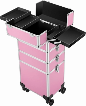 VIVOHOME 4 in 1 Makeup Rolling Train Case Aluminum Trolley Professional Cosmetic Organizer Box with Shoulder Straps 2 Keys Pink(Cosmetic are not included)