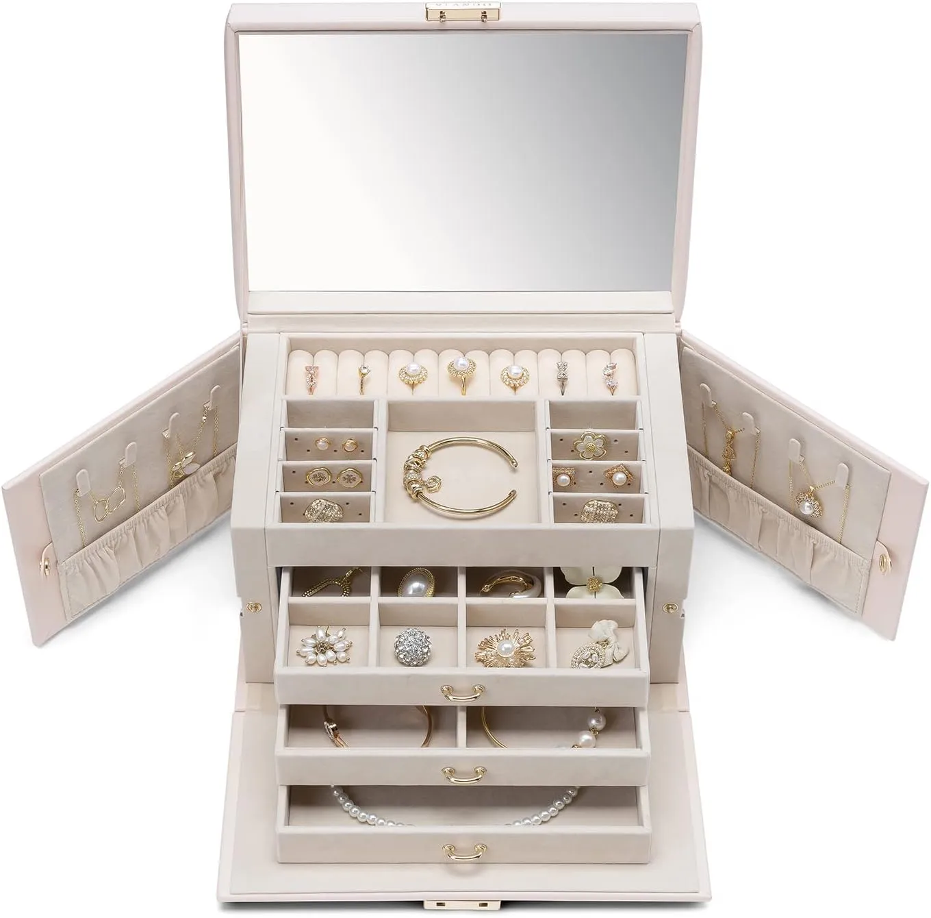 Vlando Lockable Jewelry Box Organizer with Key, 3-Tiered Storage Tray for Necklaces Earrings Rings Bracket Accessories Storage Display, Full HD-Mirror, Pink Beige