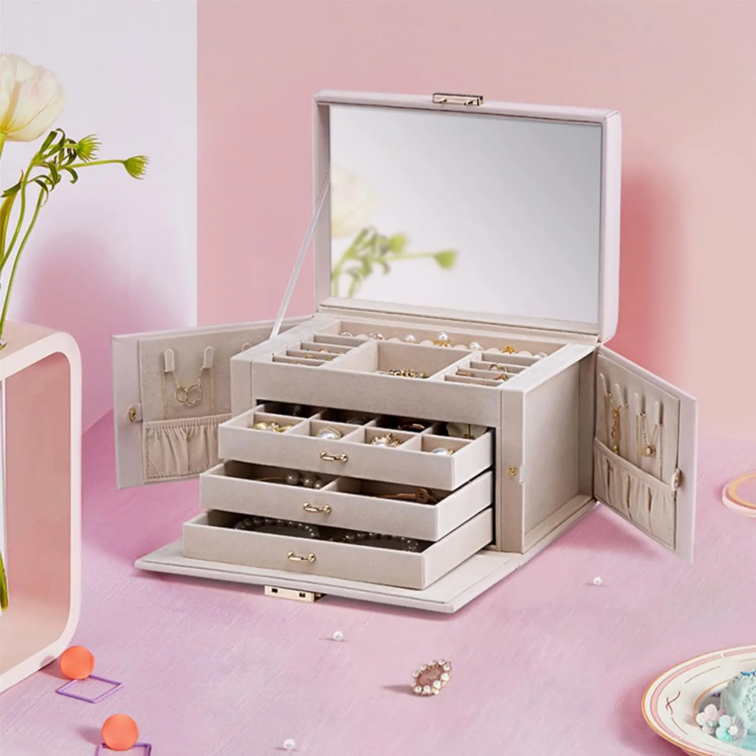 Vlando Lockable Jewelry Box Organizer with Key, 3-Tiered Storage Tray for Necklaces Earrings Rings Bracket Accessories Storage Display, Full HD-Mirror, Pink Beige