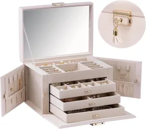 Vlando Lockable Jewelry Box Organizer with Key, 3-Tiered Storage Tray for Necklaces Earrings Rings Bracket Accessories Storage Display, Full HD-Mirror, Pink Beige