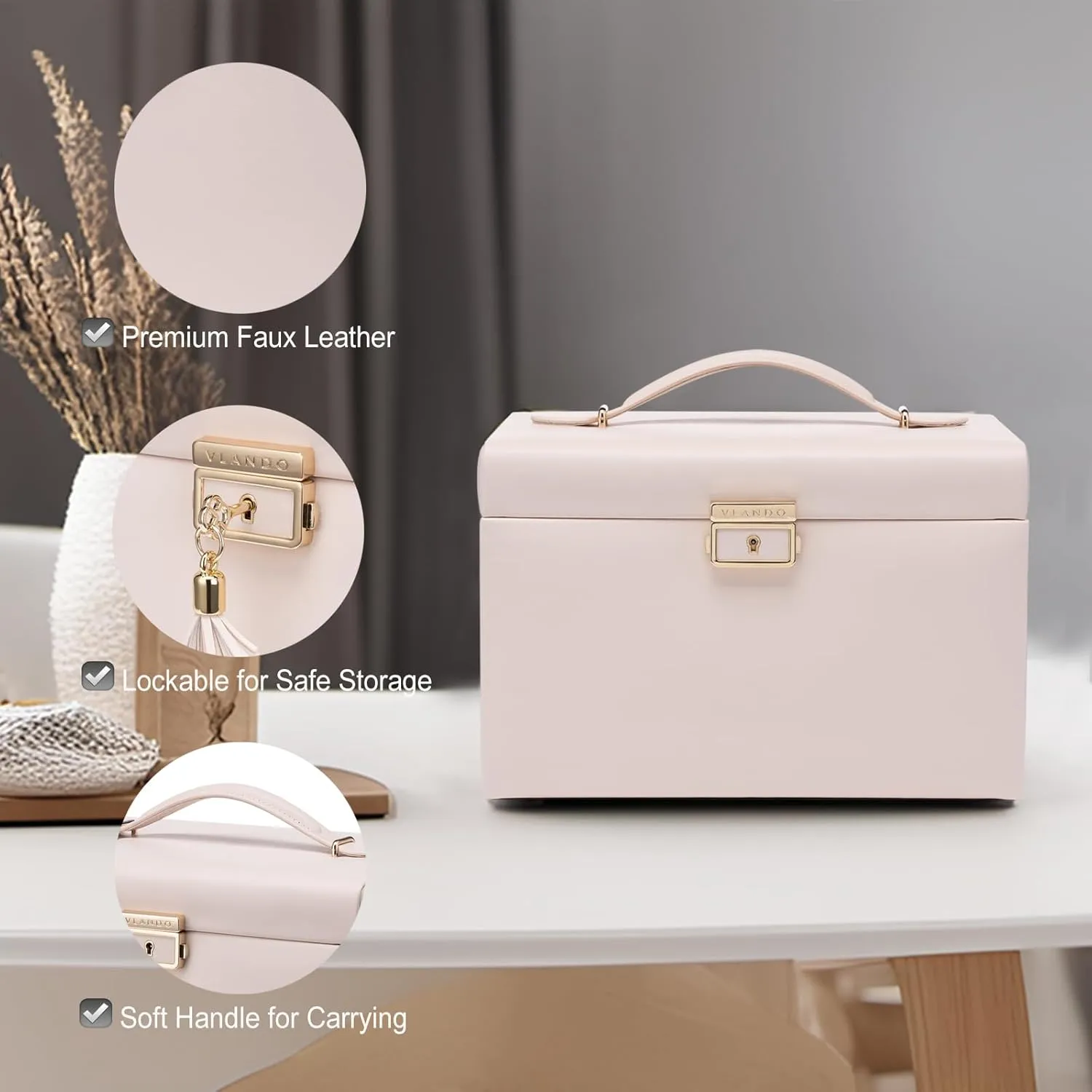 Vlando Lockable Jewelry Box Organizer with Key, 3-Tiered Storage Tray for Necklaces Earrings Rings Bracket Accessories Storage Display, Full HD-Mirror, Pink Beige